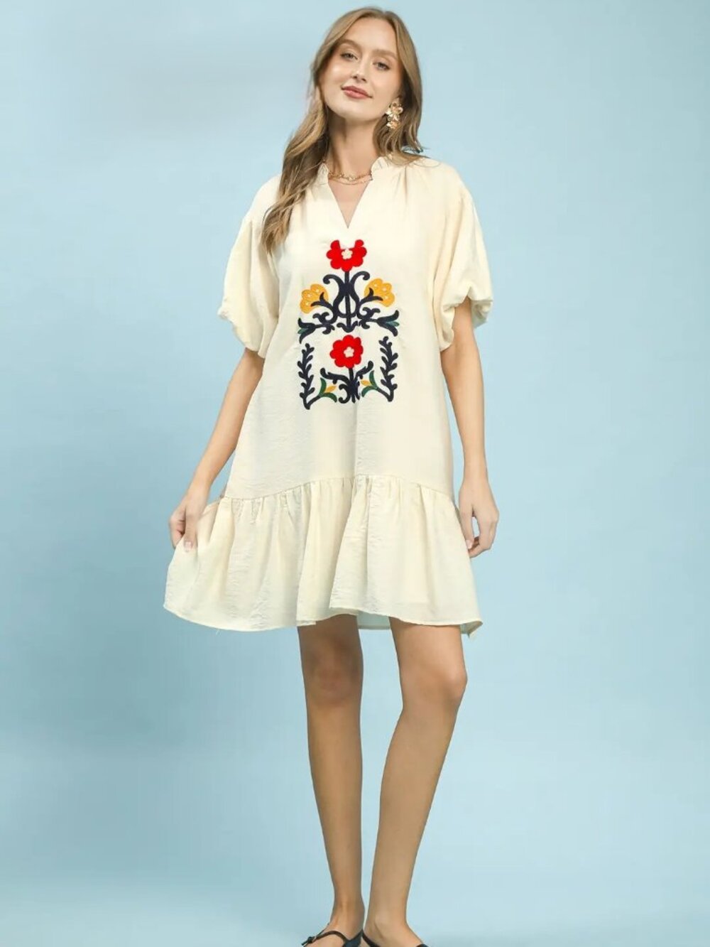 Umgee Embroidered Floral Ruffle Hem Dress